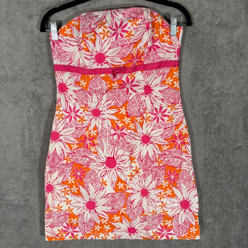 Lilly Pulitzer Vintage Strapless Floral Mini Dress Pink Orange Size 4 Cotton